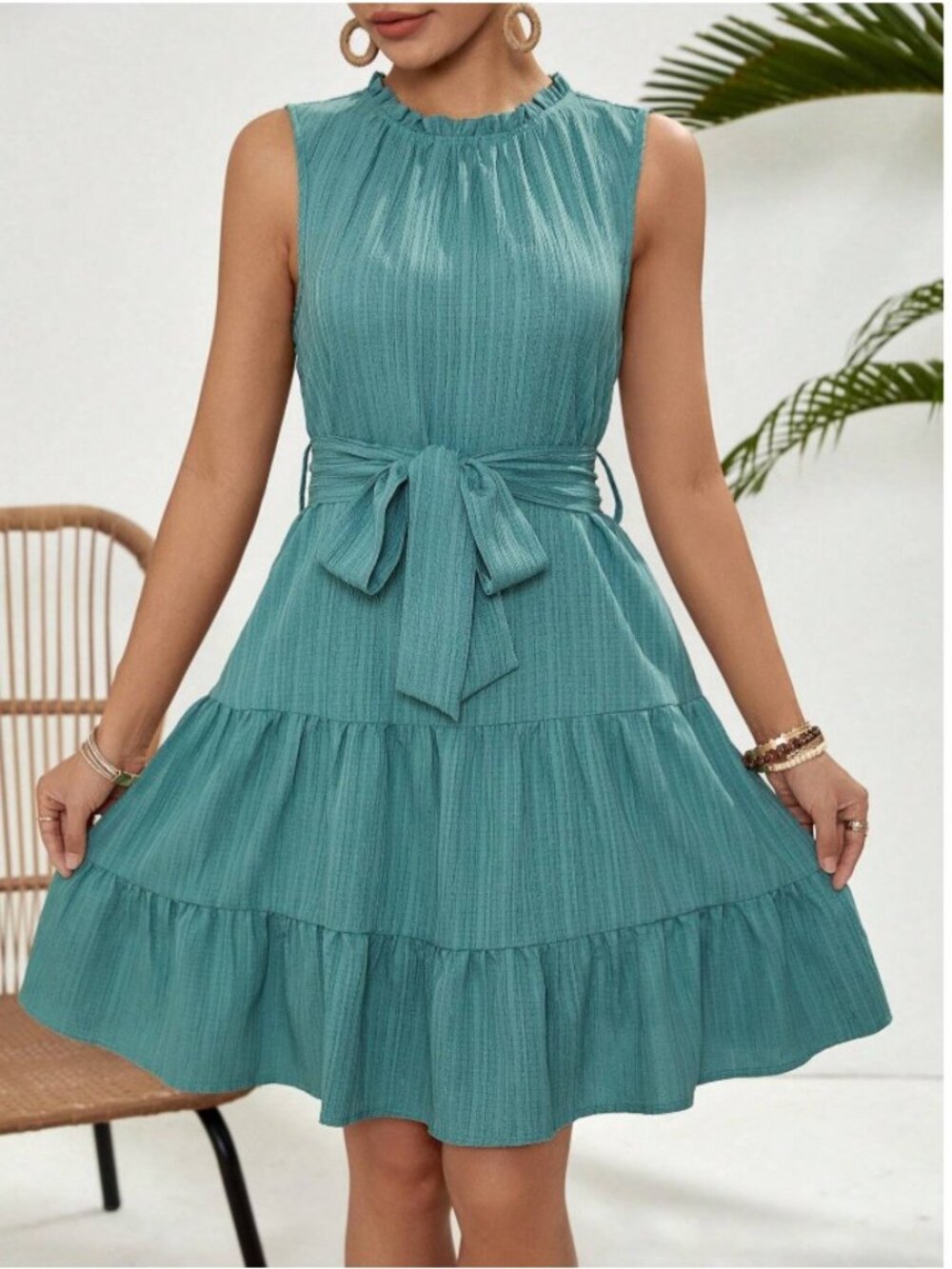 SHEIN VCAY Womens Medium Sleeveless Dress With Frill Hem & Fringe Details Green